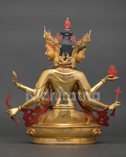 Back view of Namgyalma statue with red ribbon accents, gold back detail and lotus base