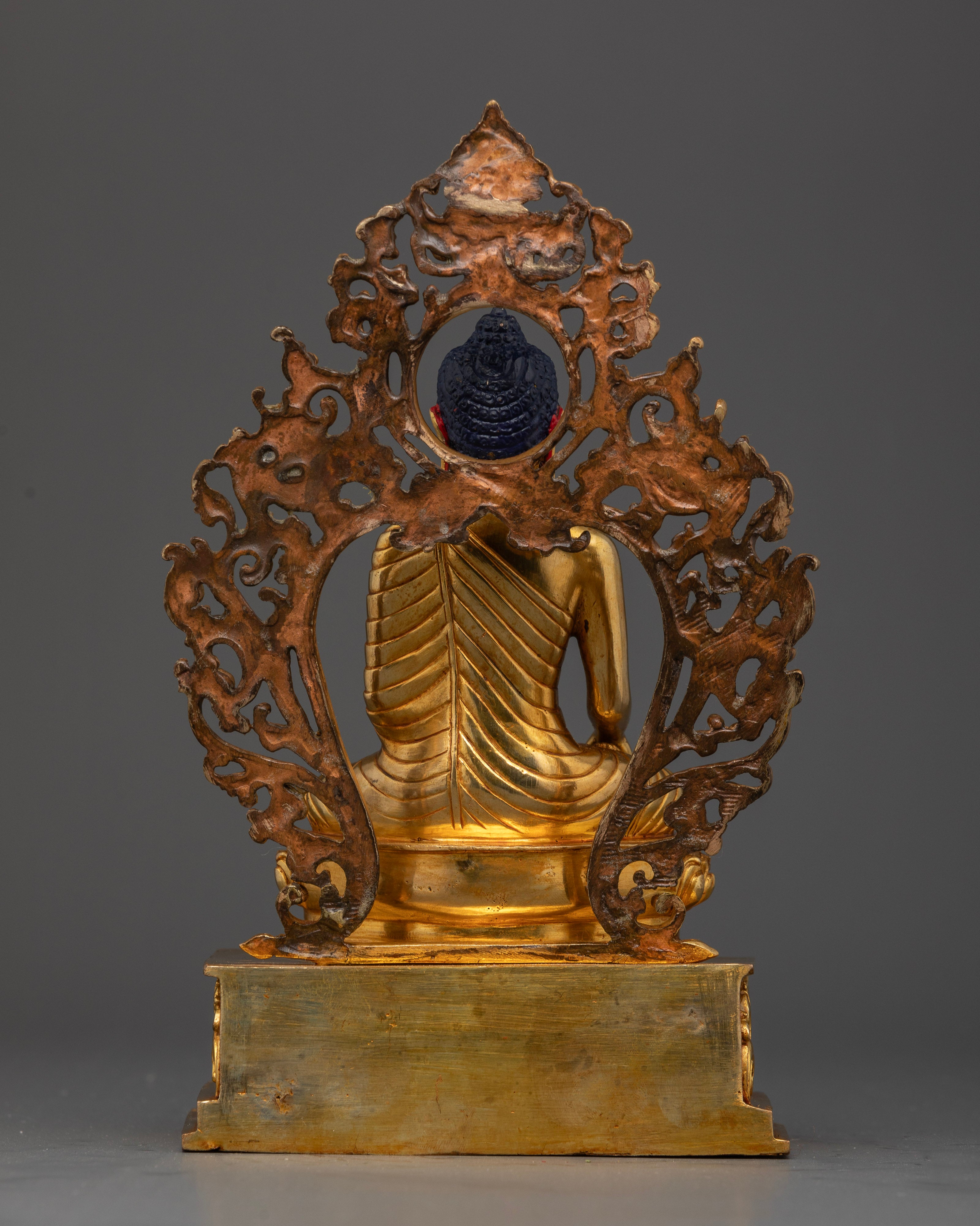Back View of Nepalese Shakyamuni Buddha Statue with Carved Throne and Traditional Craftsmanship