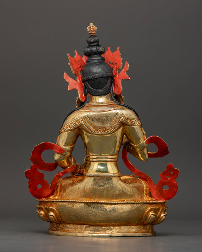 Back view of Nepalese Vajrasattva statue with gold gilded artwork and intricate details