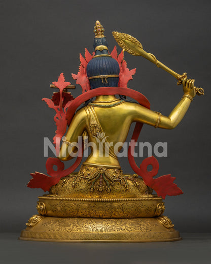 Back view of Newari handcrafted copper Manjushri lotus throne statue