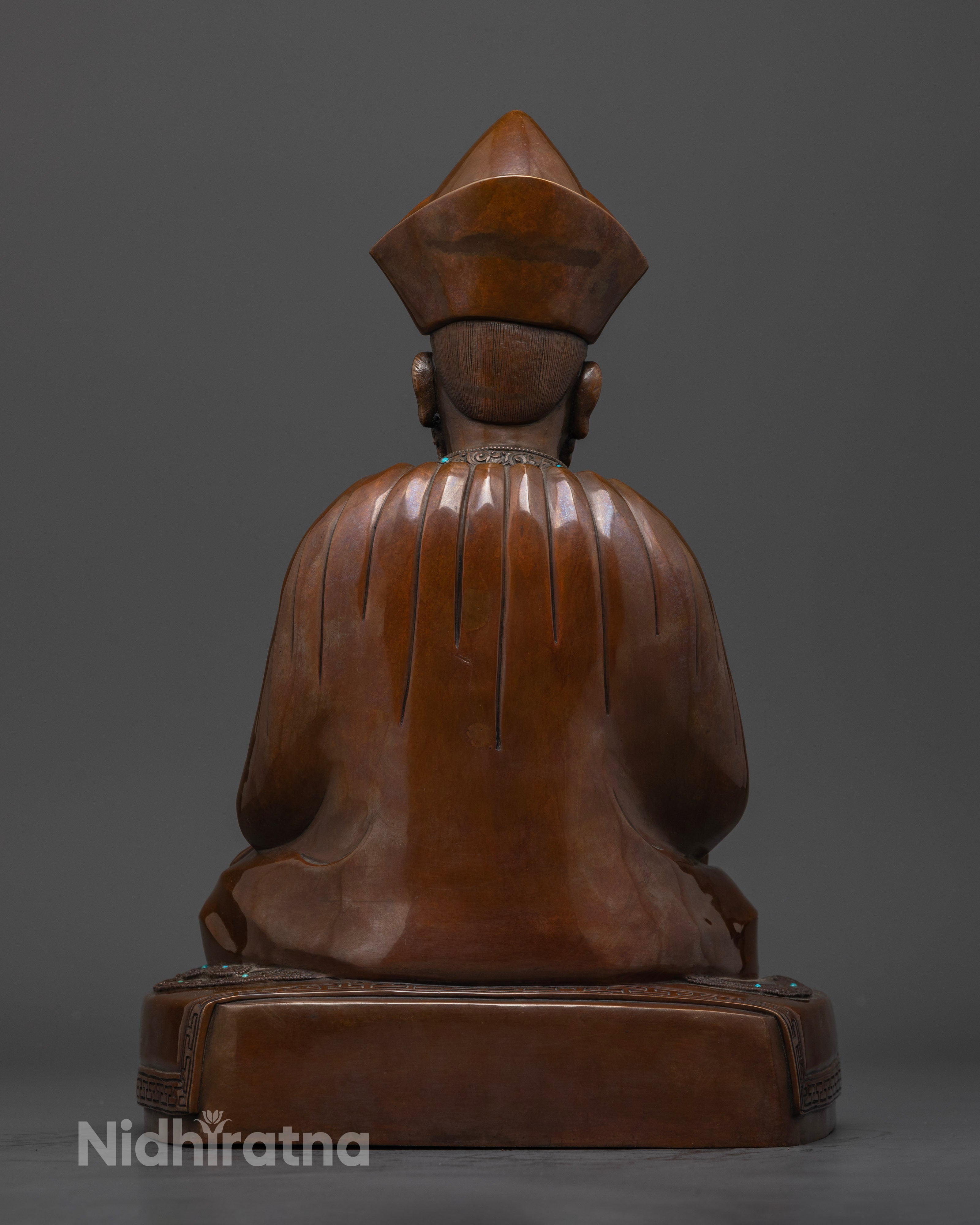 back view of ngawang namgyal statue, showing engraved details and hollow chamber for mantras