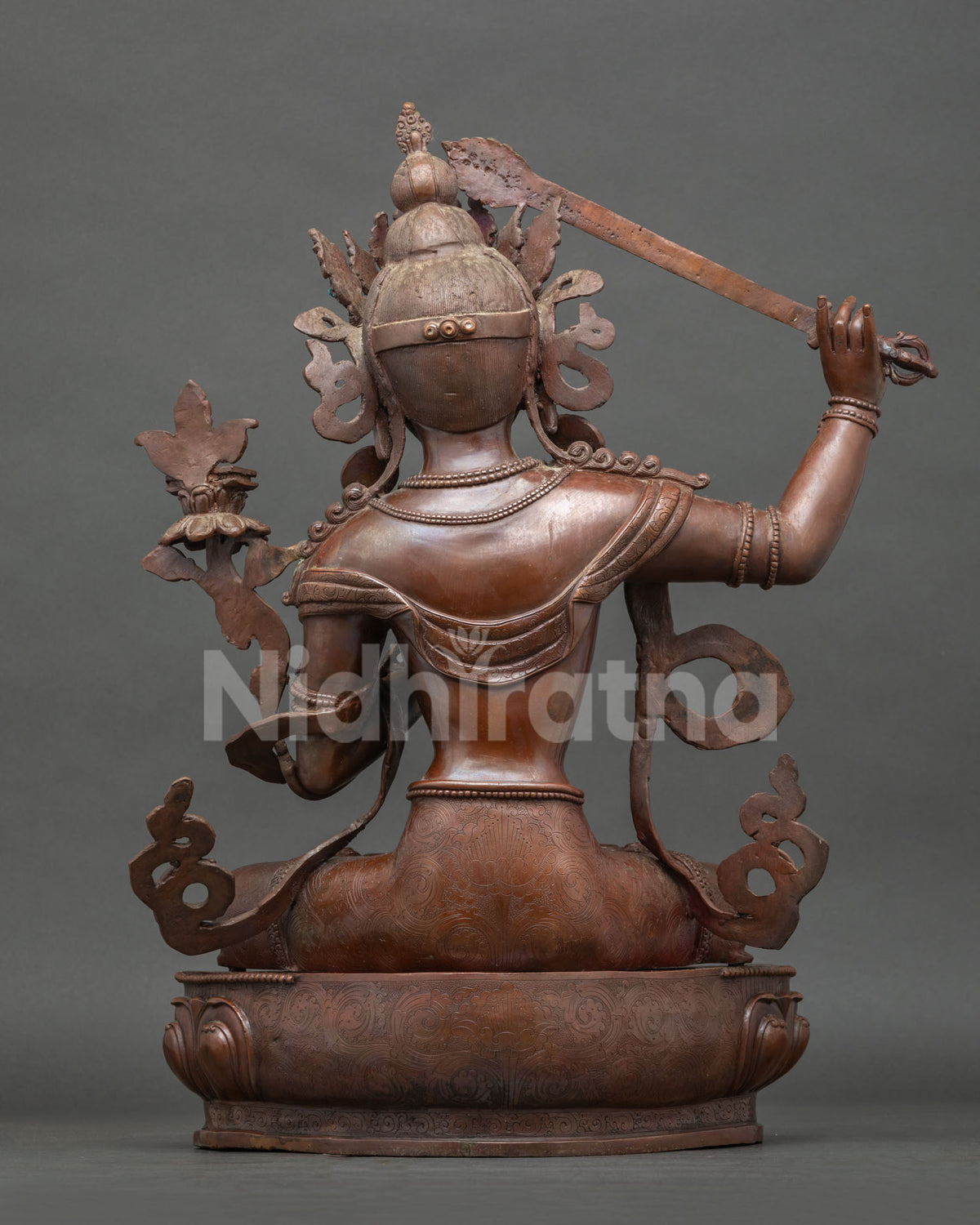 Back View of Oxidized Copper Manjushri Statue – Handcrafted Nepali Wisdom Bodhisattva
