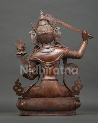 Back View of Oxidized Copper Manjushri Statue – Handcrafted Nepali Wisdom Bodhisattva