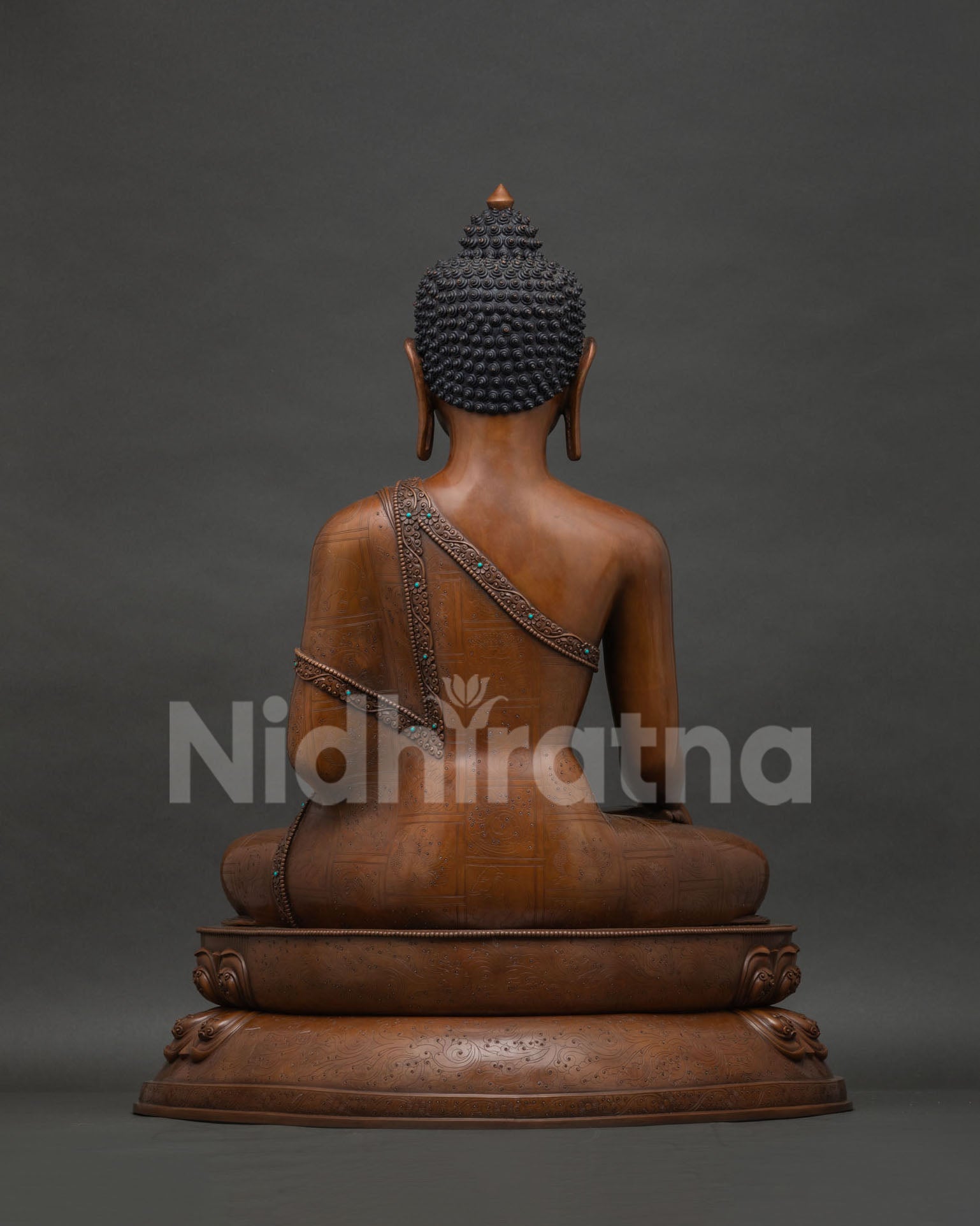 Back View of Oxidized Copper Shakyamuni Buddha Statue on Lotus Base