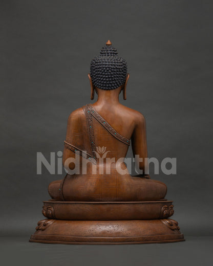 Back View of Oxidized Copper Shakyamuni Buddha Statue on Lotus Base