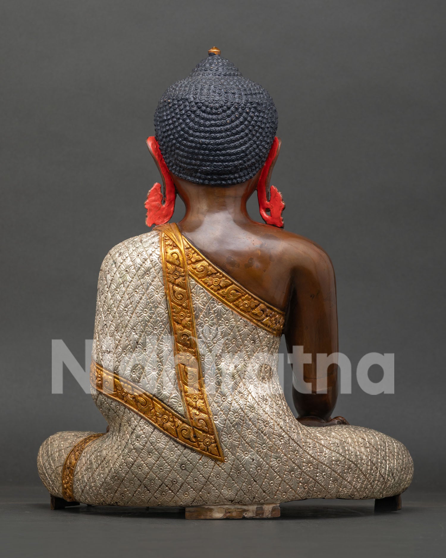 Back View of Oxidized Copper Shakyamuni Buddha Statue with Silver-Plated Robe and Gold Border