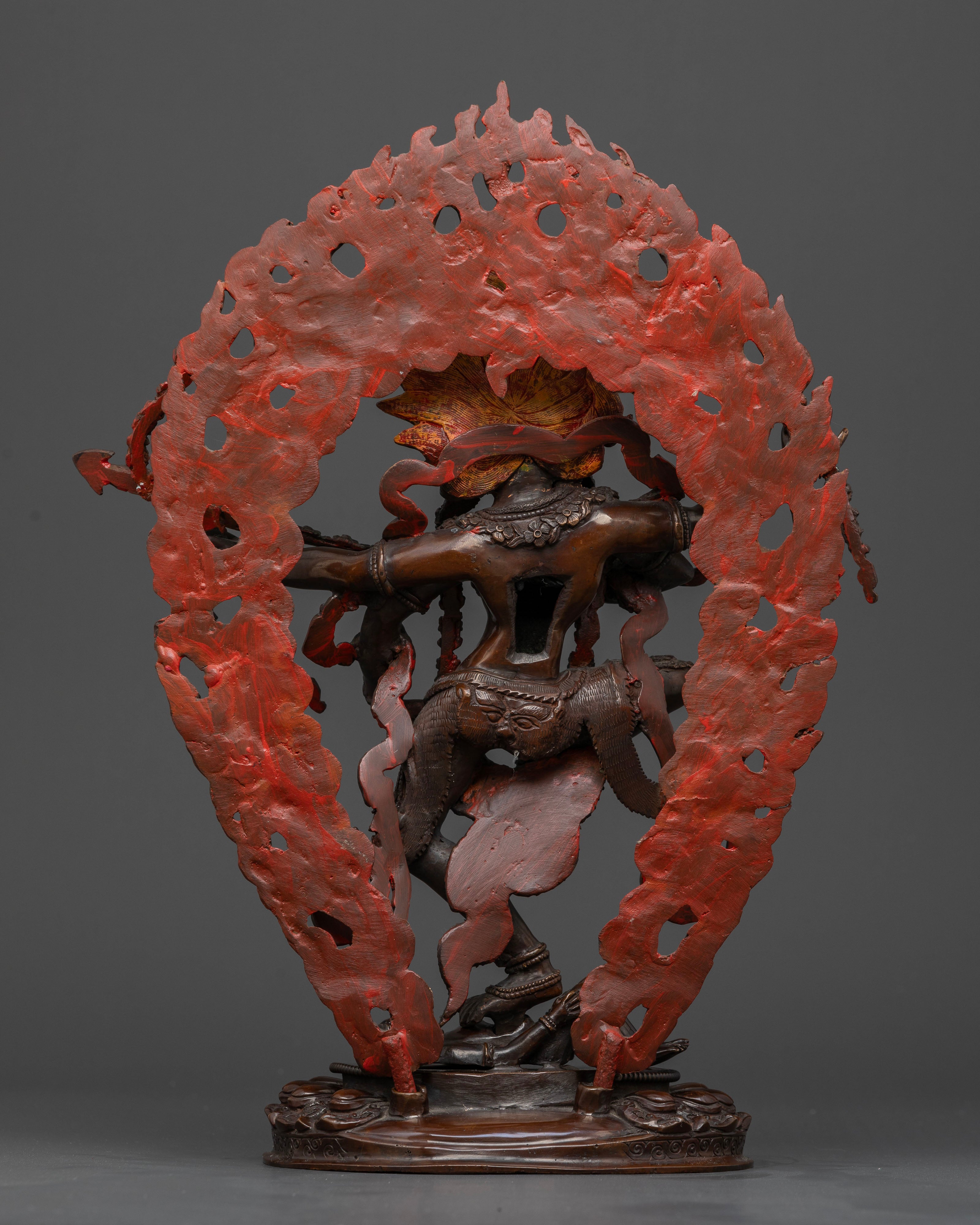Back view of Oxidized Kurukulla Statue displaying detailed flaming halo and craftsmanship
