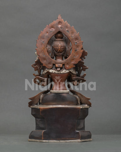 Back view of oxidized Maitreya Buddha statue showing rear halo, throne base, and patina finish