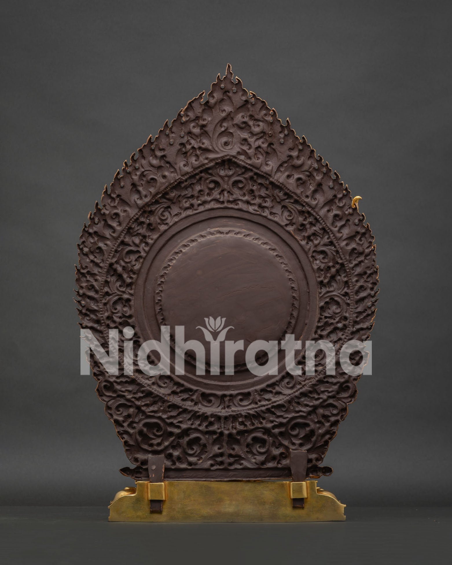 Back view of Rare Dorje Phagmo Vajravarahi Statue with detailed flaming halo and copper craftsmanship