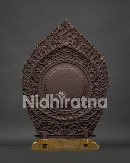 Back view of Rare Dorje Phagmo Vajravarahi Statue with detailed flaming halo and copper craftsmanship