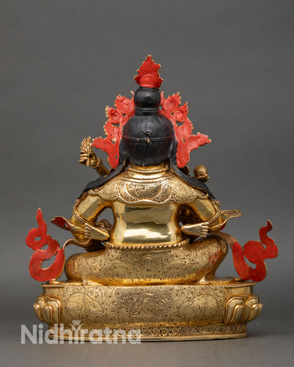 Back view of Red Dzambhala Yab Yum statue with consort on lotus pedestal showing craftsmanship and intricate details