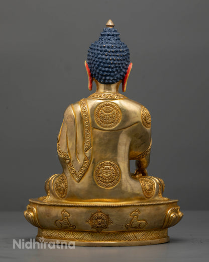 Back view of Shakyamuni Buddha pedestal with engraved deer pairs and Dharma Chakra