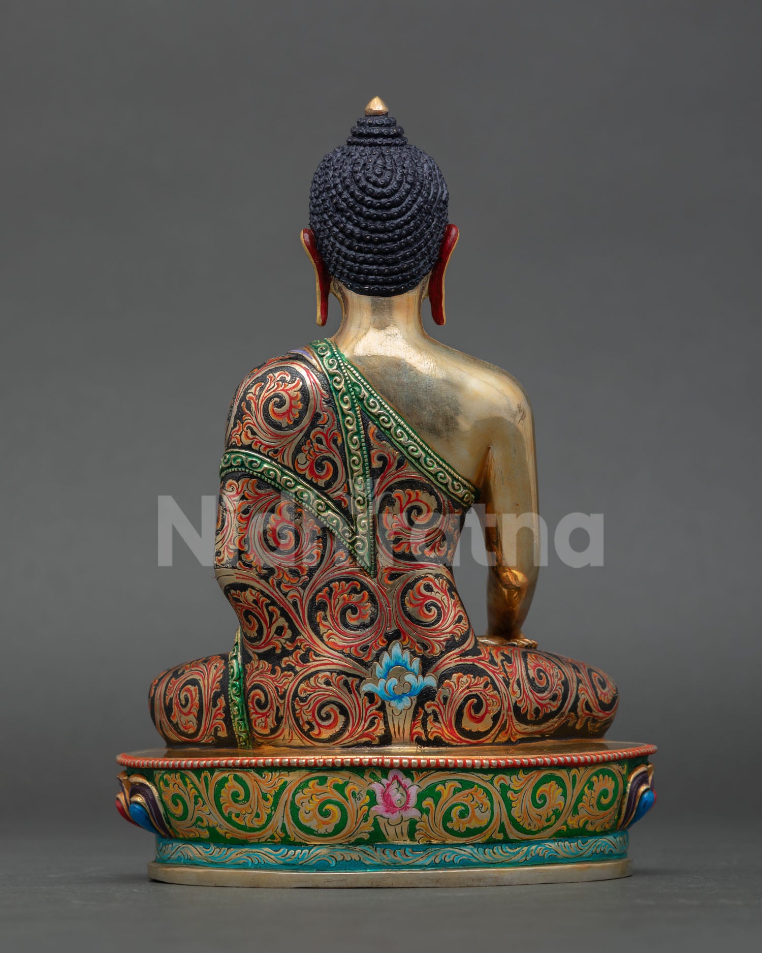 back view of shakyamuni buddha statue copper gold gilded lotus throne detailed carving nepal