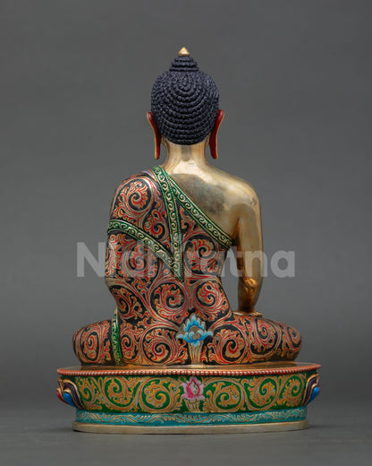 back view of shakyamuni buddha statue copper gold gilded lotus throne detailed carving nepal