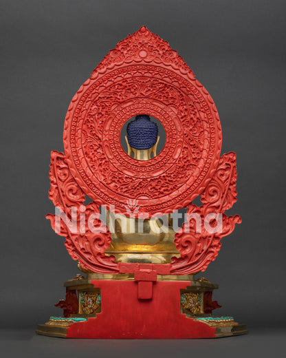 Back view of Shakyamuni Buddha statue, detailed mandorla halo, repoussé dragon throne, fire-gilded copper