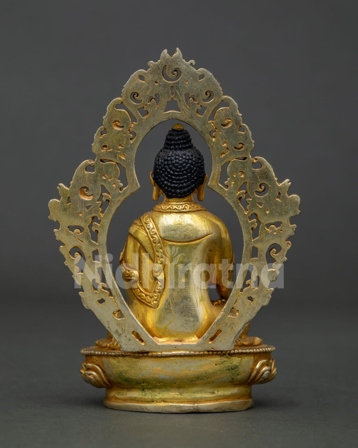 Back view of Shakyamuni Buddha statue handcrafted by newari artists from nepal.