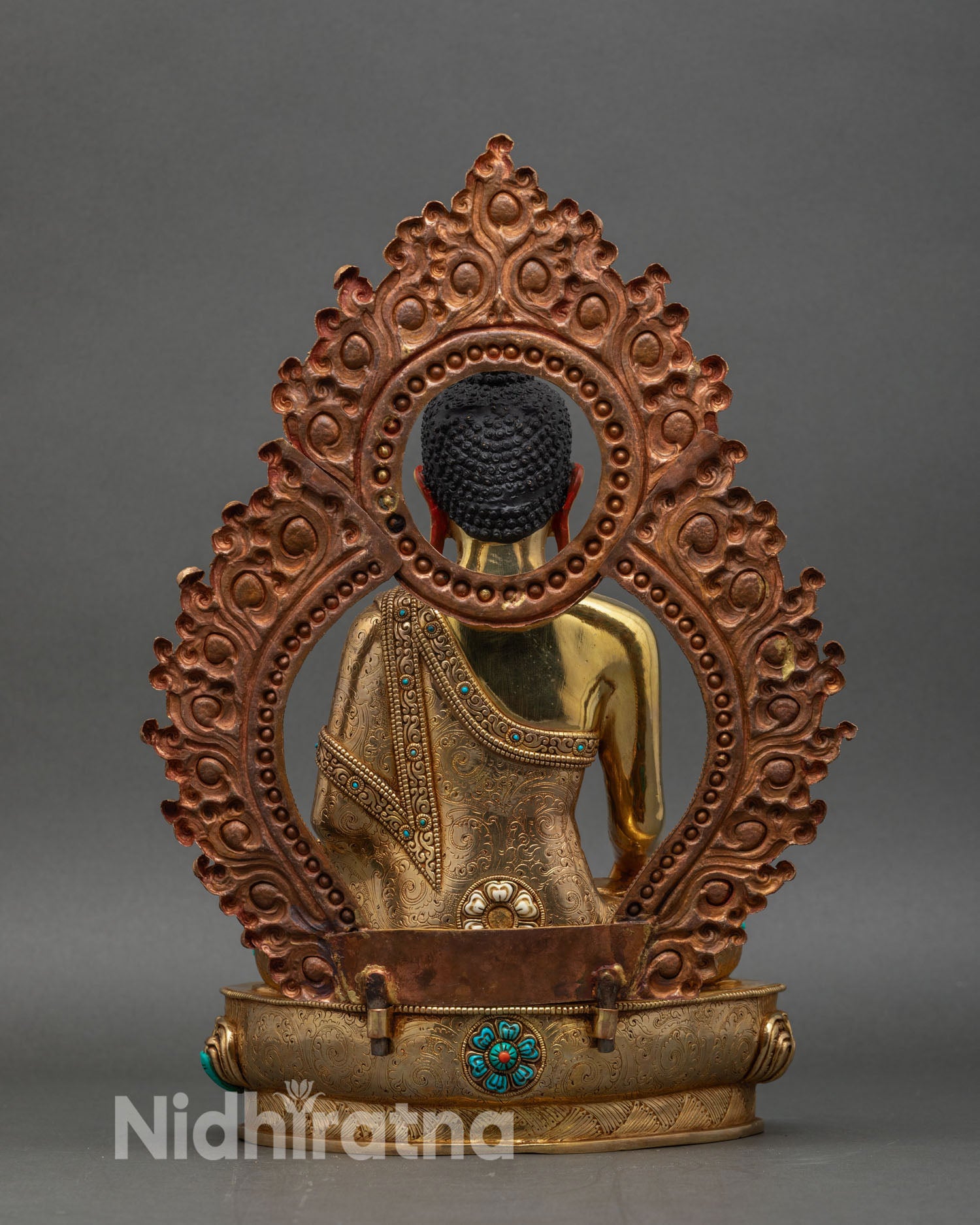 Back view of Shakyamuni Buddha statue handcrafted lotus throne copper gold Himalayan art
