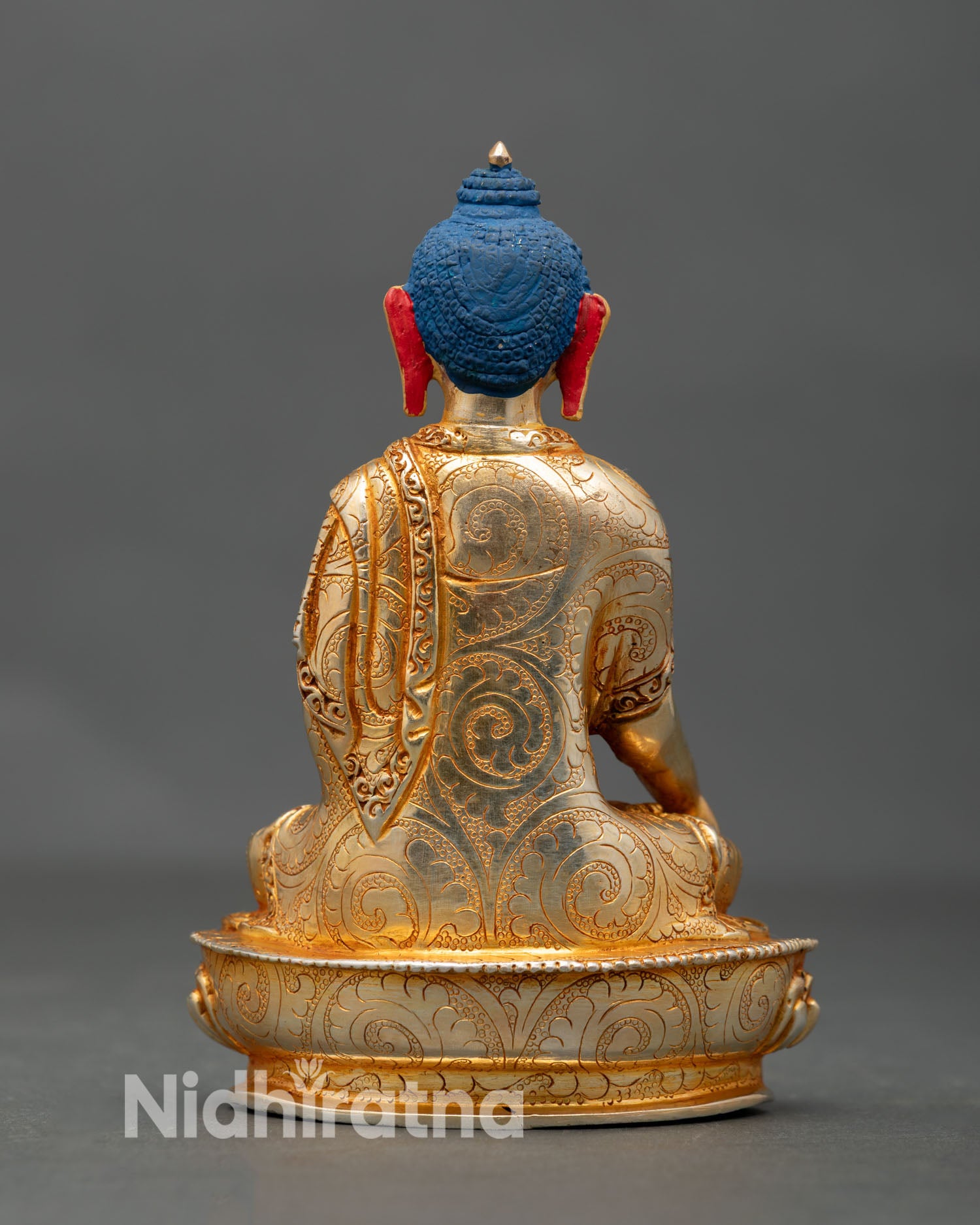 Back view of Shakyamuni Buddha statue handcrafted Newari craftsmanship, gold fire gilding spiritual altar decor