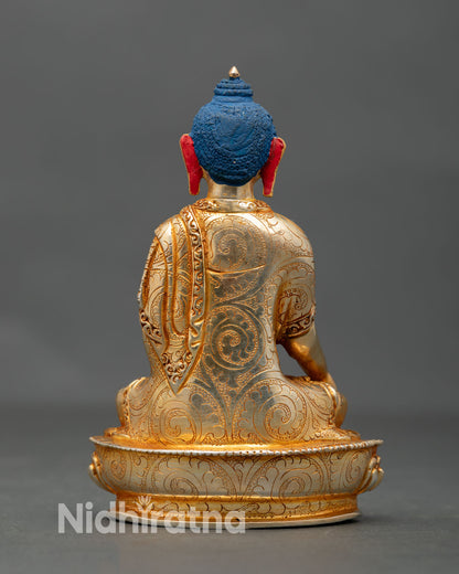 Back view of Shakyamuni Buddha statue handcrafted Newari craftsmanship, gold fire gilding spiritual altar decor