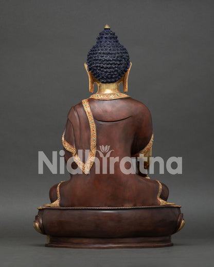 Back View of Shakyamuni Buddha Statue Showcasing Oxidized Robe and Gold Gilded Lotus Seat.
