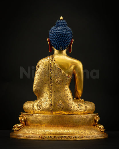 Back view of Shakyamuni Buddha Statue showing flowing robe details and lost-wax casting copper craftsmanship with refined sculptural finish.