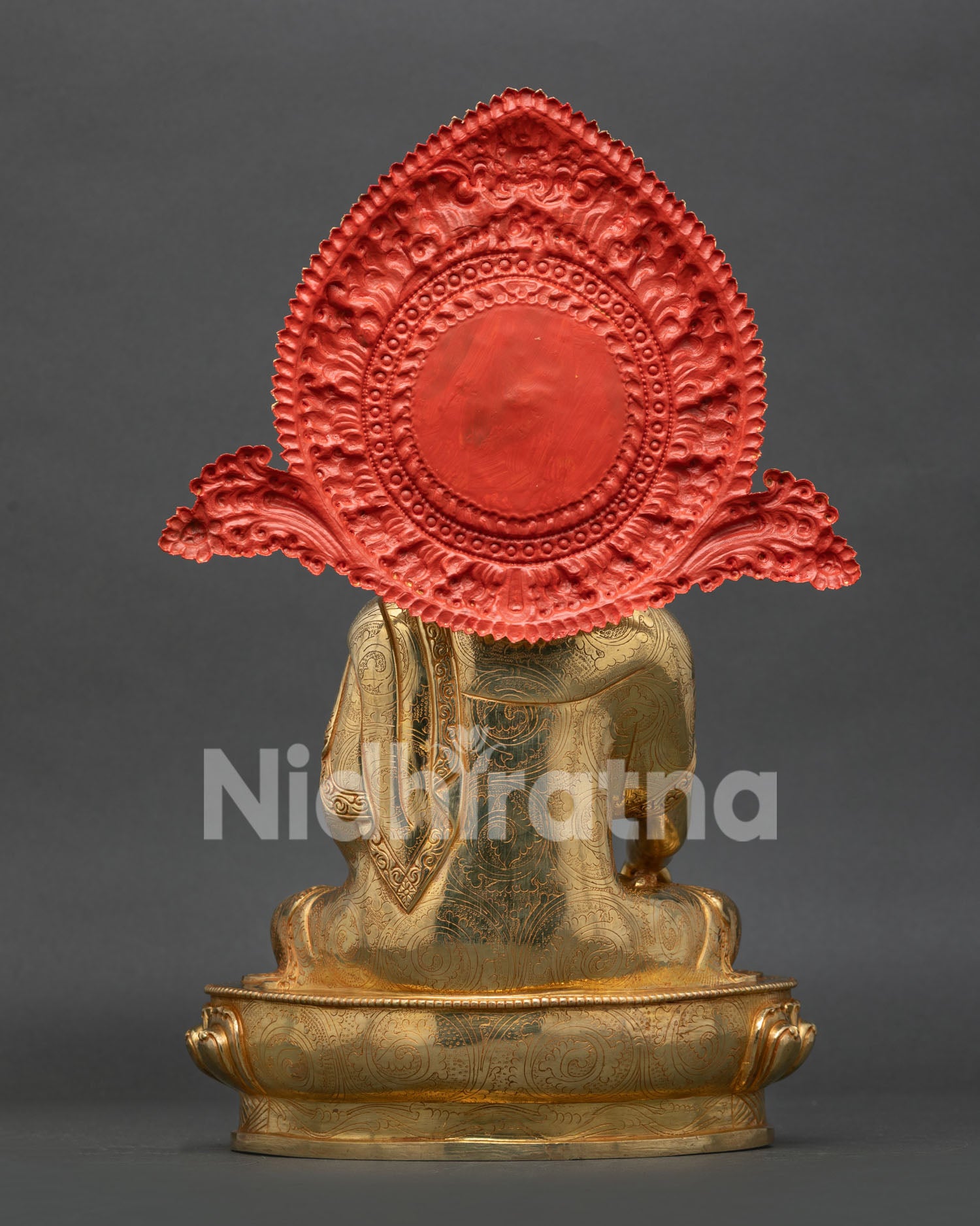 Back view of Shakyamuni Buddha Statue showing Kirtimukha halo and detailed Newar copper craftsmanship