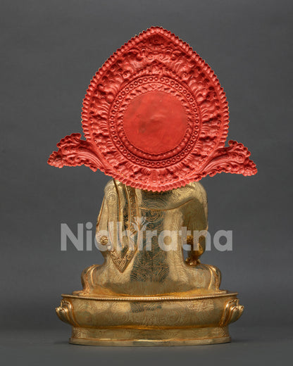 Back view of Shakyamuni Buddha Statue showing Kirtimukha halo and detailed Newar copper craftsmanship