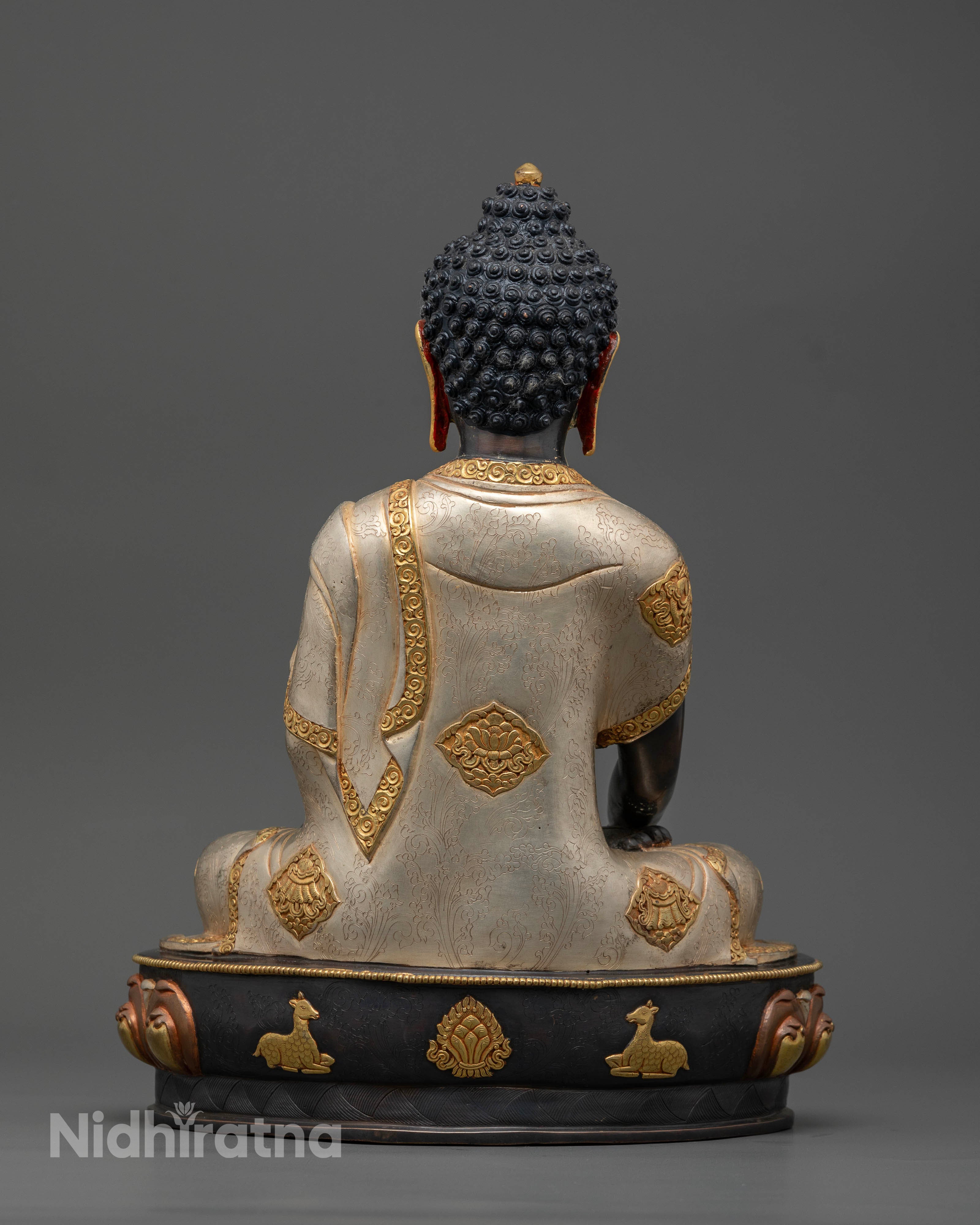 Back View of Shakyamuni Buddha Statue with Deer and Dharma Wheel Engraving