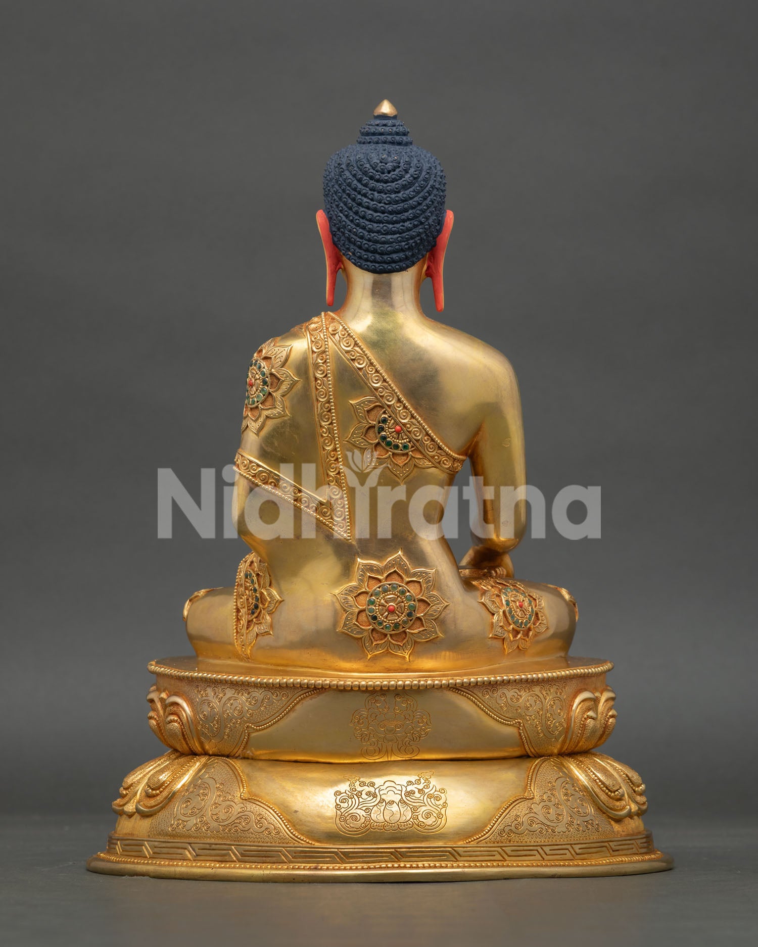 Back View of Shakyamuni Buddha Statue with Engraved Mantras on Lotus Base