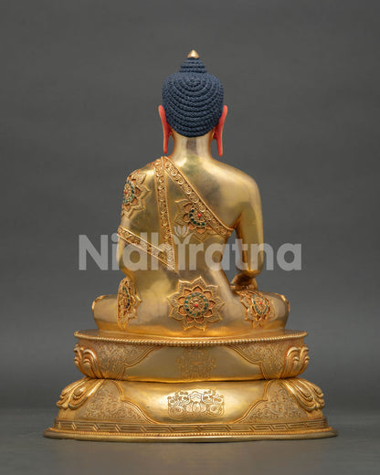 Back View of Shakyamuni Buddha Statue with Engraved Mantras on Lotus Base