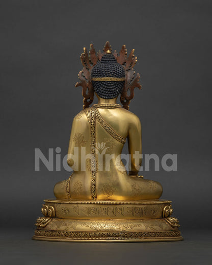 Back view of Shakyamuni Buddha statue with sacred mantras engraved and intricate Newari craftsmanship