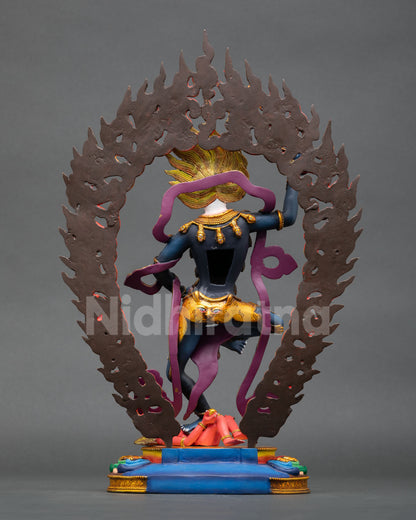 back view of simhamukha copper statue with flaming halo and tantric ornaments