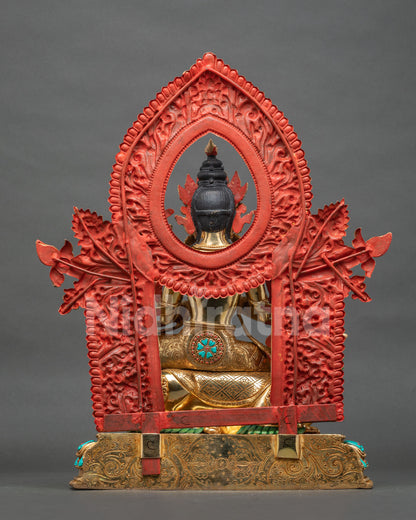 Back view of Simhanada Manjushri statue in copper with gold fire-gilding and lost-wax casting