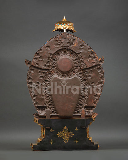 back view of simhanada manjushri statue with carved aureole and parasol throne
