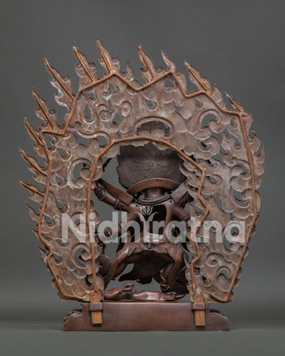 Back view of Six Arm Mahakala Statue showing ornate halo and traditional Nepalese craftsmanship