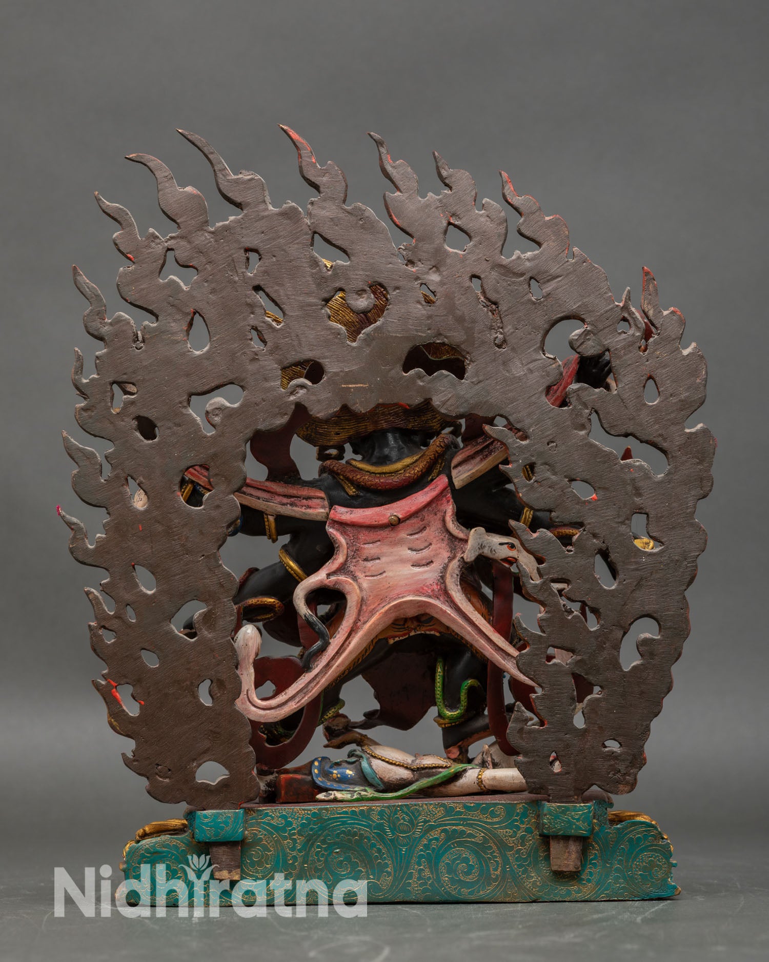 Back view of Six Armed Mahakala halo of wisdom fire handcrafted Nepal Dharma protector sculpture