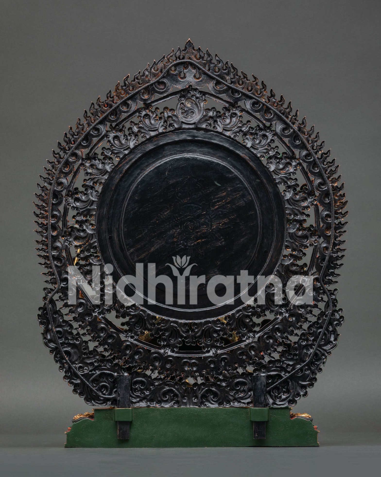 Back View of Six Armed Mahakala Statue with Flaming Halo and Intricate Nepalese Craftsmanship