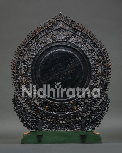 Back View of Six Armed Mahakala Statue with Flaming Halo and Intricate Nepalese Craftsmanship
