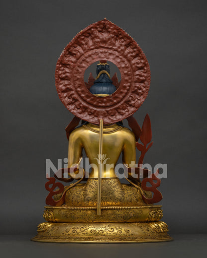 Back view of solid copper Ksitigarbha sculpture with hand-engraved robe patterns