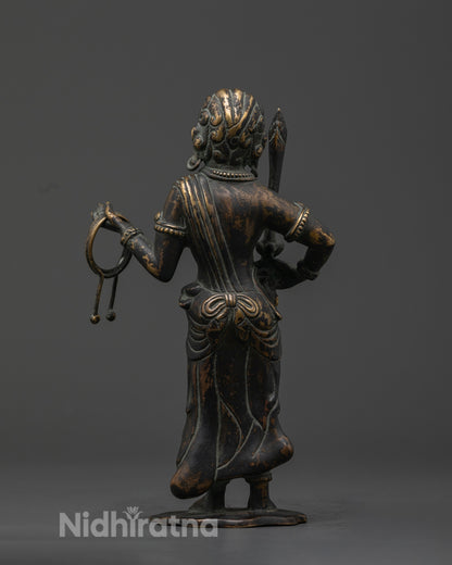 Back view of Standing Fudo Myoo Statue with oxidized copper finish and artisan work