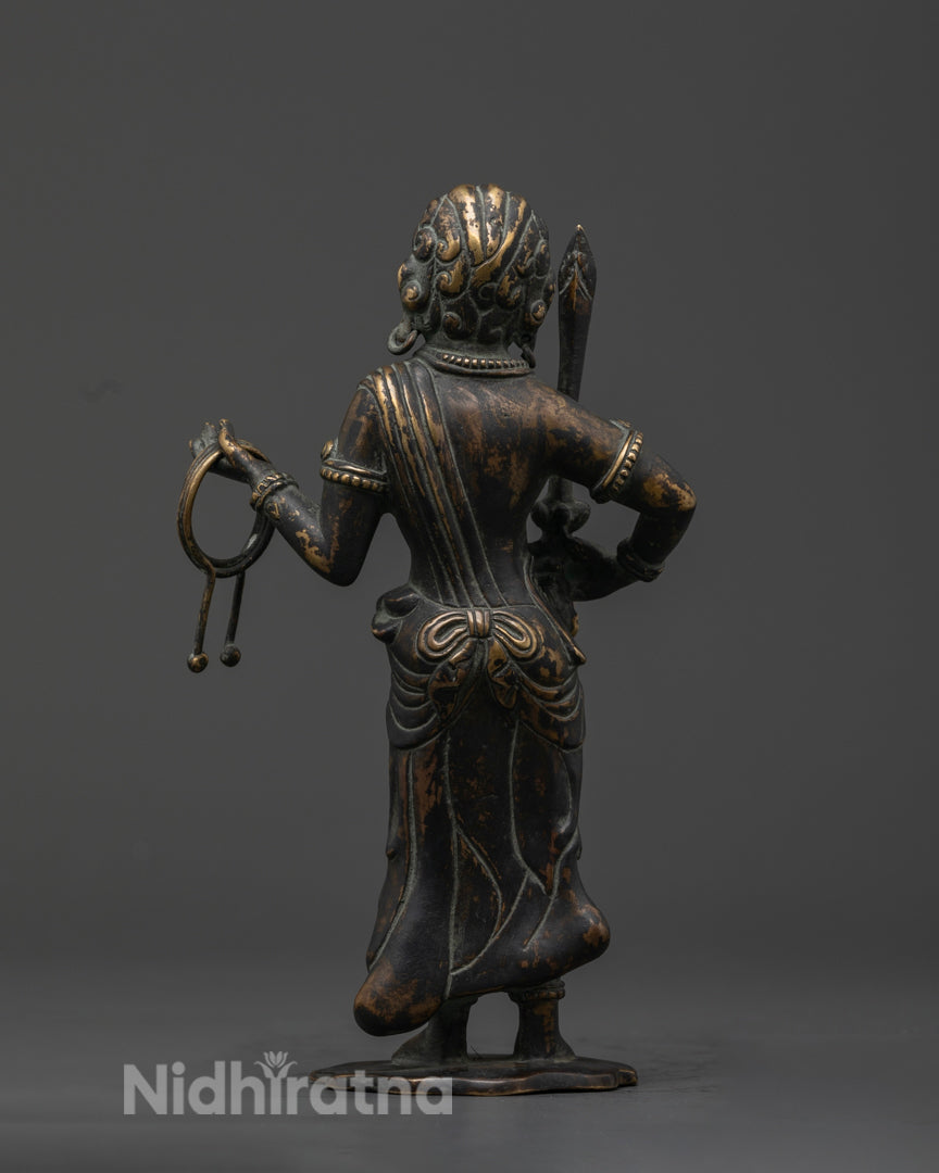 Back view of Standing Fudo Myoo Statue with oxidized copper finish and artisan work