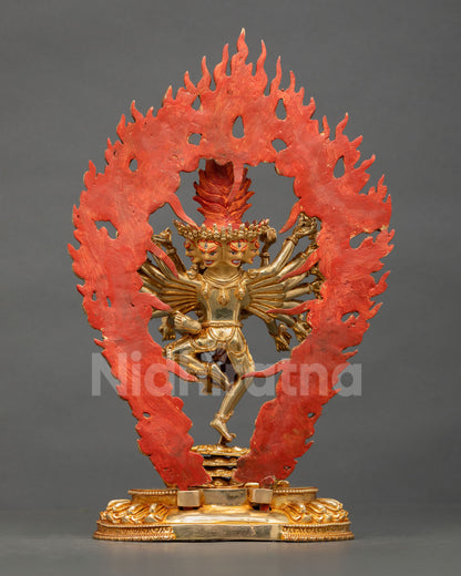Back View of Standing Hevajra Statue with Halo Details and Fire Gilded Copper Work