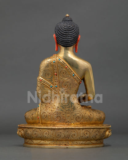Back view of the authentic handmade copper Amitabha Buddha statue from Patan, Nepal.
