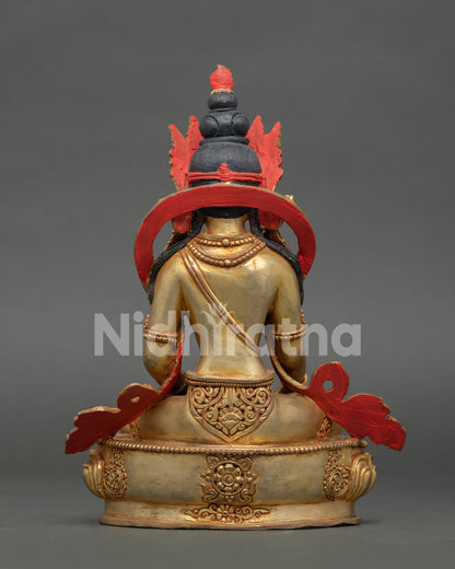 Back view of the authentic Mitrugpa Buddha Statue handcrafted in Nepal using the traditional lost wax casting method.
