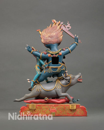 Back view of Tibetan Buddhist Yamantaka statue highlighting lost wax copper casting and traditional Nepalese sacred metal artwork