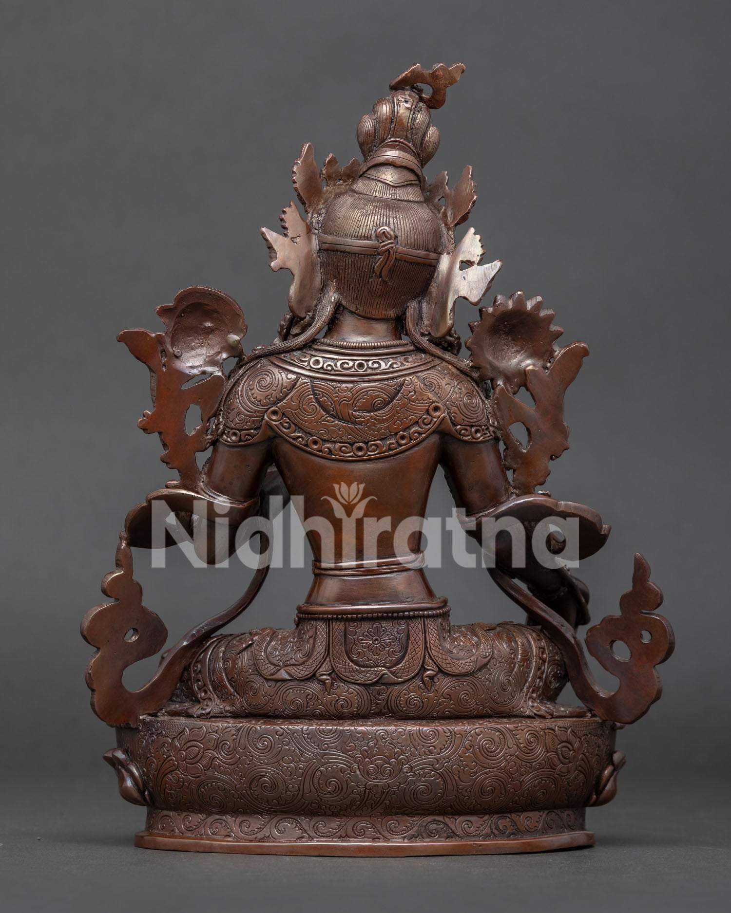Back view of traditional Nepalese Green Tara sculpture crafted by Newari artisans