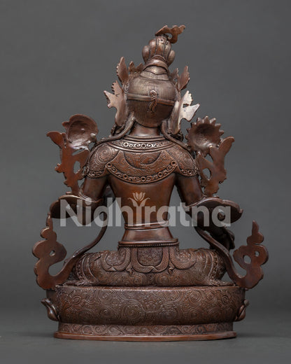 Back view of traditional Nepalese Green Tara sculpture crafted by Newari artisans