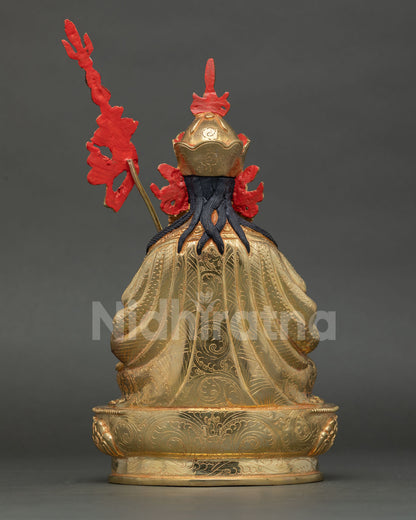 Back view of Tsokye Dorje statue, highlighting traditional newari artisan metalwork, lost wax casting and refined gold finishing details