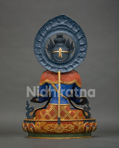 Back view of Vajradhara Statue with detailed halo and handcrafted copper design