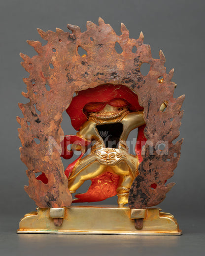 back view of vajrapani statue featuring ornate robes, flame halo, and handcrafted details